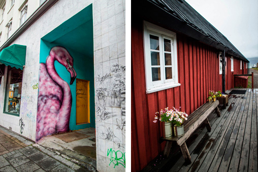 Photos Islande, graph flaments roses et façade typique islandaise